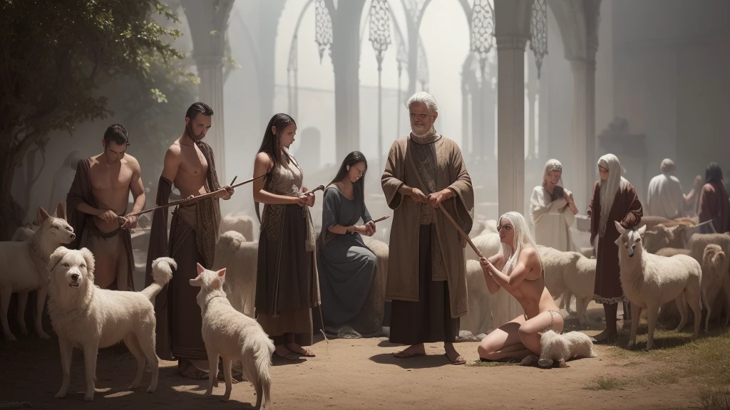 six naked womans in market, sit, stand, knree, lie, man, white hair, hairy torso, fantasy, intricate, elegant, highly detailed, digital painting, artstation, concept art, smooth, sharp focus, illustration , man, shepherd holding a stick, wandering, and dogs and birds, blood, dirty clothes, shepherd holding a stick,, white hair, hairy torso, fantasy, intricate, elegant, highly detailed, digital painting, artstation, concept art, smooth, sharp focus, illustration,