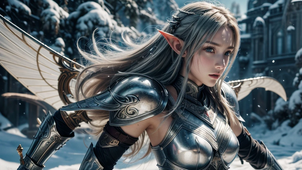 Close-up of woman holding sword and armor, Armor Girl, 2. 5D CGI anime fantasy artwork, Large Breasts，Epic fantasy digital art style, detailed Digital 2D fantasy art, Digital 2D fantasy art, original photo, (best quality:1.3), high resolution, (masterpiece), (lifelike:1.4), Professional photography, Clear focus, High Dynamic Range, 8k resolution, Intricate details, Fine details, Depth of Field, Extremely detailed CG unified 8k wallpaper, masterpiece，poster，best quality，Official Art，（Beauty and aesthetics：1.2），（masterpiece：1.3），Female Elf，individual，Light Leather Armor，complex pattern，snow，castle，Medium distance photography，（early morning），dramatic，Glowing Wings，