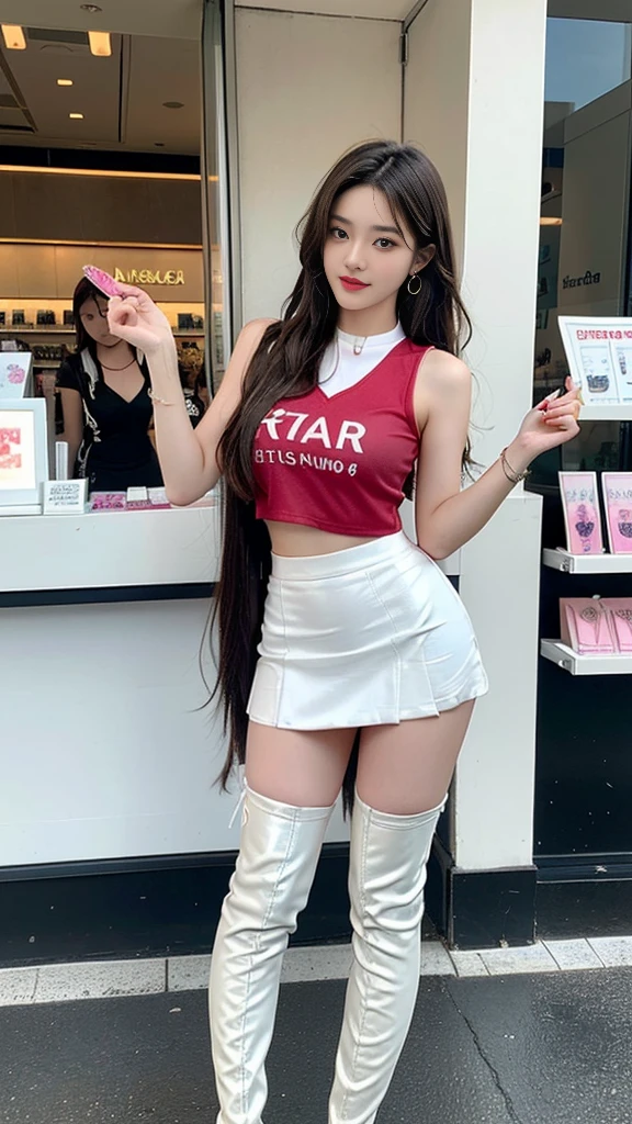 (((random composition : 1.2))), (realistic), (intricate details:1.2), (masterpiece、:1.3), (top quality:1.4), (Ultra A high resolution:1.2), Ultra A high resolution, 8K resolution, very detailed expression, (high quality), complete anatomy, natural anatomy, (full body photo:1.2), (1 korean girl), (In front of a cosmetics store's enterance :1.4), (she Dancing femininely and sexyly : 1.4),(wearing in ear a microphone),(she doing promotional narration with mic while dancing K-pop..:1.4), (Event girl dispatched for business promotion purposes : 1.6), she is 21 years old, (she is korean:1.6), (beautiful : 1.4), (brightly colored hair), (She is Narrator model : 1.4), (She is Companion : 1.4),(She is event assistant : 1.4), (big earrings), (in-ear microphone : 1.4), heavy makeup, cheerful expression, choker necklace, long legs, (The girl is wearing a slim, sleeveless racing girl uniform and a tight, shiny miniskirt. : 1.4), (She is wearing flesh-colored shiny pantyhose under her skirt and white overknee boots. :1.4), glowing skin, passionate promotional model, friendly smile, (Making eye contact with each other :1.4), kidney practitioner, multiple wreaths, event roulette, signboard, event product promotion, Lots of people passing by on the street and paying attention to her., In front of the shopping mall in crowed