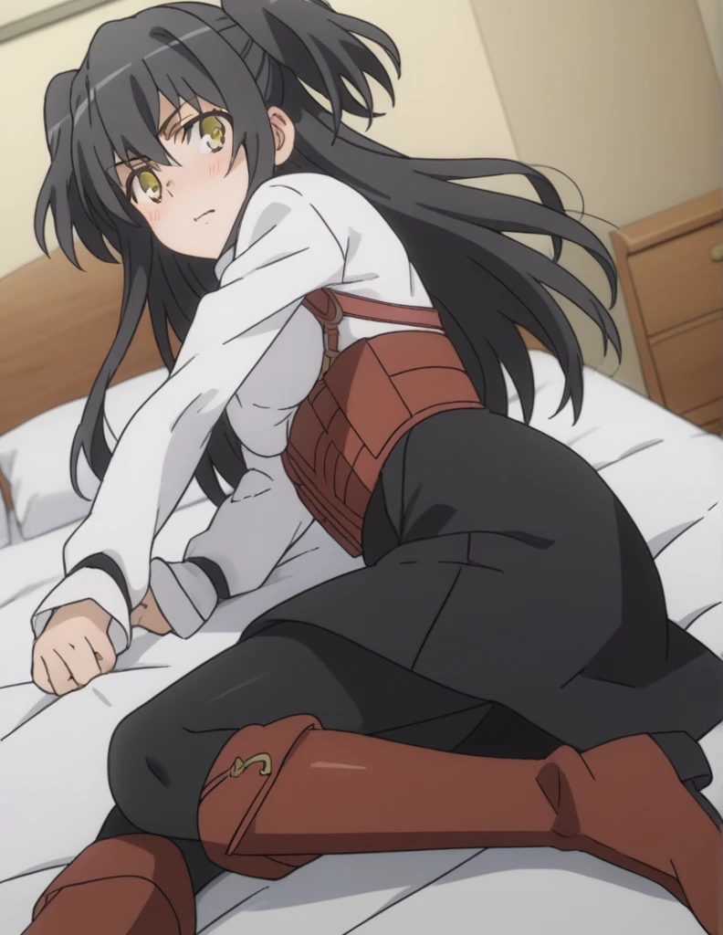 score_9, score_8_up, score_7_up, source_anime,
rakkoyumiya, rakko yumiya, long hair, black hair, two side up, yellow eyes, sidelocks,
skirt, shirt, long sleeves, white shirt, pantyhose, boots, black skirt, black pantyhose, knee boots, red footwear, underbust,
indoors, bed, bed room, on side, blush, drunk,
looking at viewer, cowboy shot, dutch angle, solo,