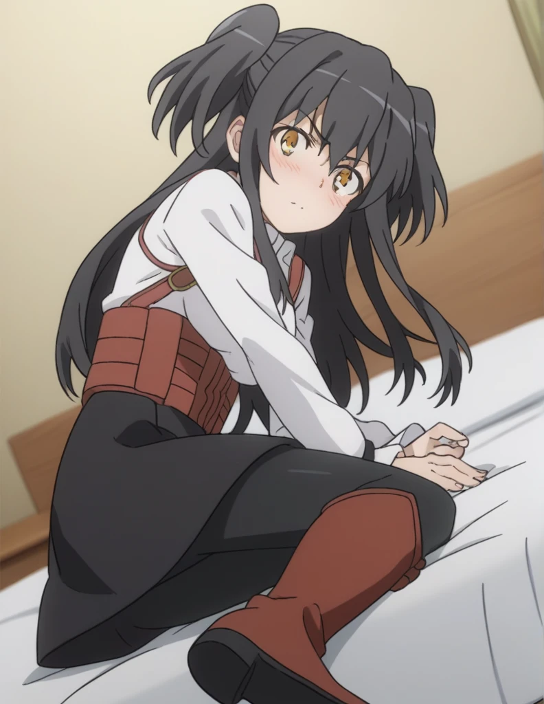 score_9, score_8_up, score_7_up, source_anime,
rakkoyumiya, rakko yumiya, long hair, black hair, two side up, yellow eyes, sidelocks,
skirt, shirt, long sleeves, white shirt, pantyhose, boots, black skirt, black pantyhose, knee boots, red footwear, underbust,
indoors, bed, bed room, on side, blush, drunk,
looking at viewer, cowboy shot, dutch angle, solo,