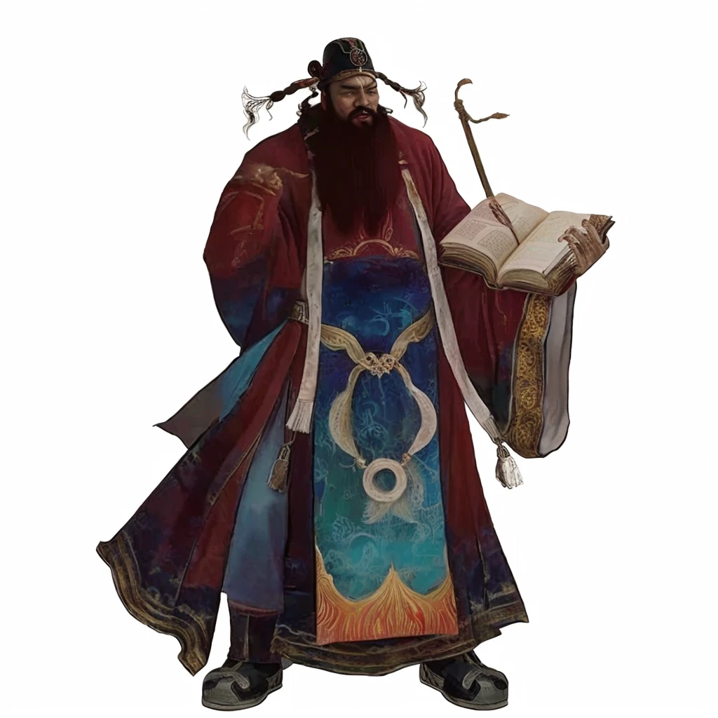 tan skin chinese ancient officer, red wild beard, luxurious red robe, holding a book, a floating Chinese brush on book, one hand put at the back, officer hat