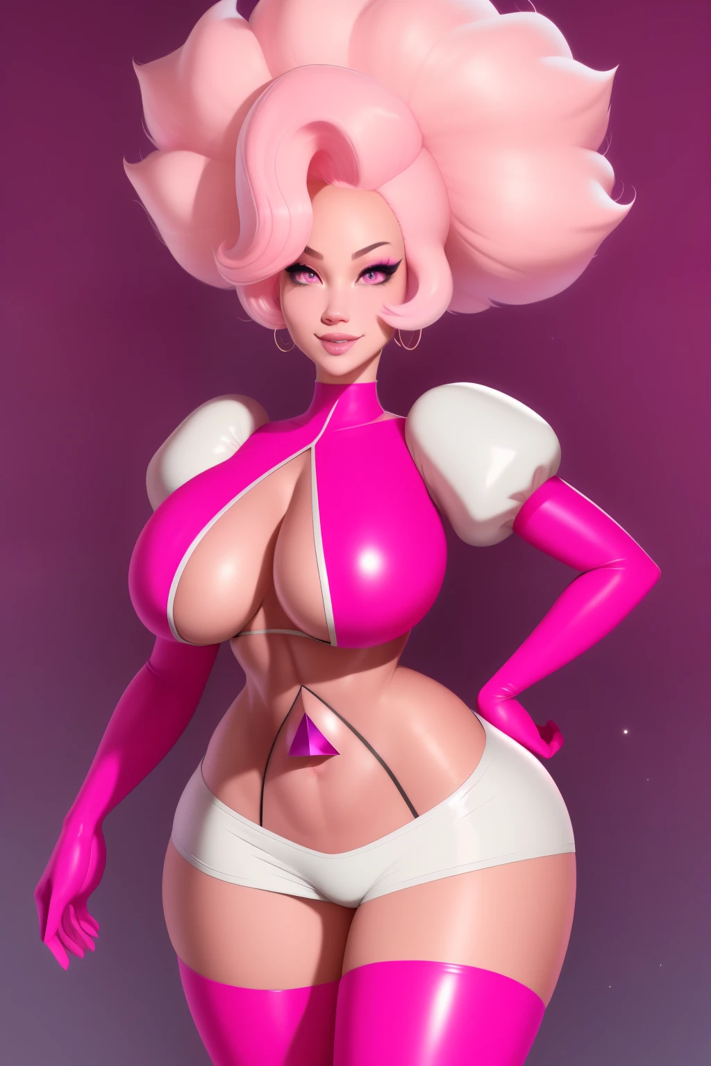 pnkdamond, pink hair, pink eyes,  big hair,  stomach gem,  pink skin,  toned, 
puffy short sleeves, elbow gloves ,  white thighhighs,   puffy dress, 
standing, upper body, 
 outerspace,  
(insanely detailed, beautiful detailed face,beautiful detailed eyes, masterpiece, best quality) cinematic lighting,  smile, 
 