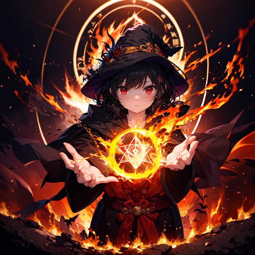 ((((witch　Lock))))　(((wand of flame　grimoire)))　((Black Hair　witchの帽子　Red eyes　smile　Looking down))　((explosion　fire))　(Magic Robe　Black Hole　despair　tears)　incantation　Runes　Shining Background　Shining Edge