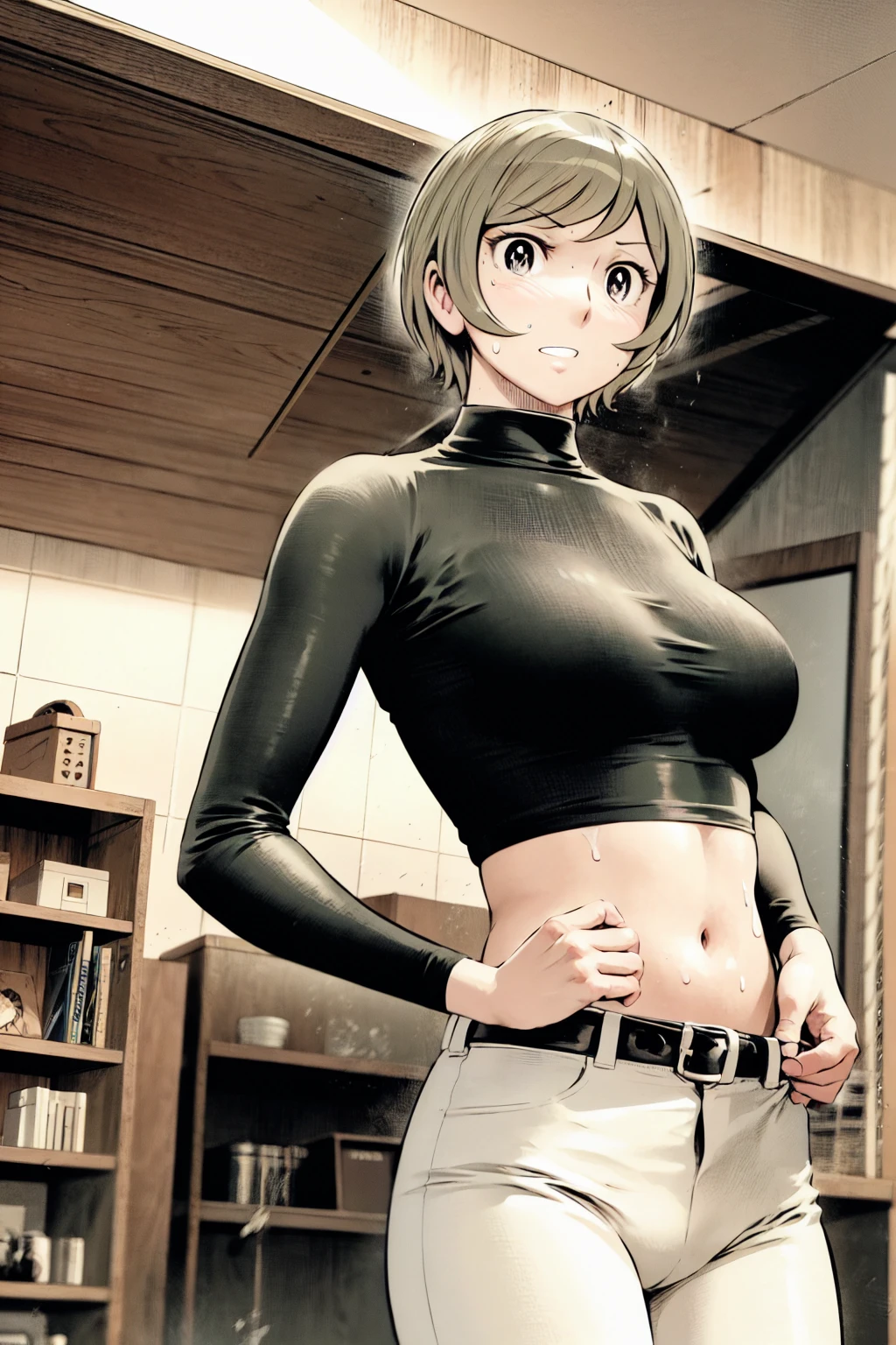 、(masterpiece、Highest quality)、Highest quality, Ultra-high resolution, (((masterpiece))), alone, Sweat、Big eyes,Tight black shirt、Tight white pants、belt、indoor、Composition from the front、(Cut the back hair short、short hair、blonde、woman)、Shortcuts、Embarrassed face、Cut your hair short、可愛いwomanの子、Big Breasts、office