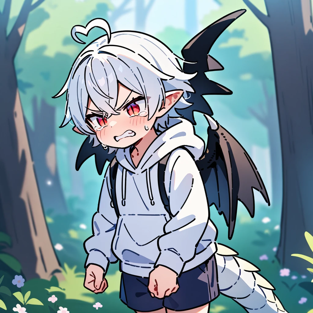 （masterpiece：1.2，high quality），8K，High resolution，A seven-year-old boy，cute boy，white hair，short hair，crossed bangs，red eyes，slit pupils，heart ahoge，Dragon Horn，Pointed ears，angry，clenched teeth，tears，Wearing a white hoodie，It has black wings on the back，Dark blue shorts，Stand in the forest，There are flowering trees on both sides.，primary school student，thigh，alone，dragon tail，（Put your hands in your pockets），（（Put your hands in your pockets））