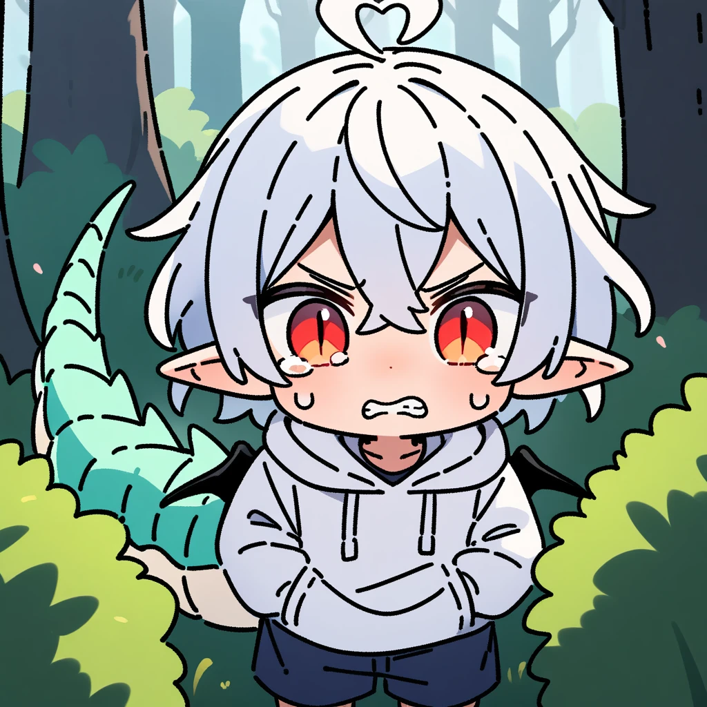 （masterpiece：1.2，high quality），8K，High resolution，A seven-year-old boy，cute boy，white hair，short hair，crossed bangs，red eyes，slit pupils，heart ahoge，Dragon Horn，Pointed ears，angry，clenched teeth，tears，Wearing a white hoodie，It has black wings on the back，Dark blue shorts，Stand in the forest，There are flowering trees on both sides.，primary school student，thigh，alone，dragon tail，（Put your hands in your pockets），（（Put your hands in your pockets））