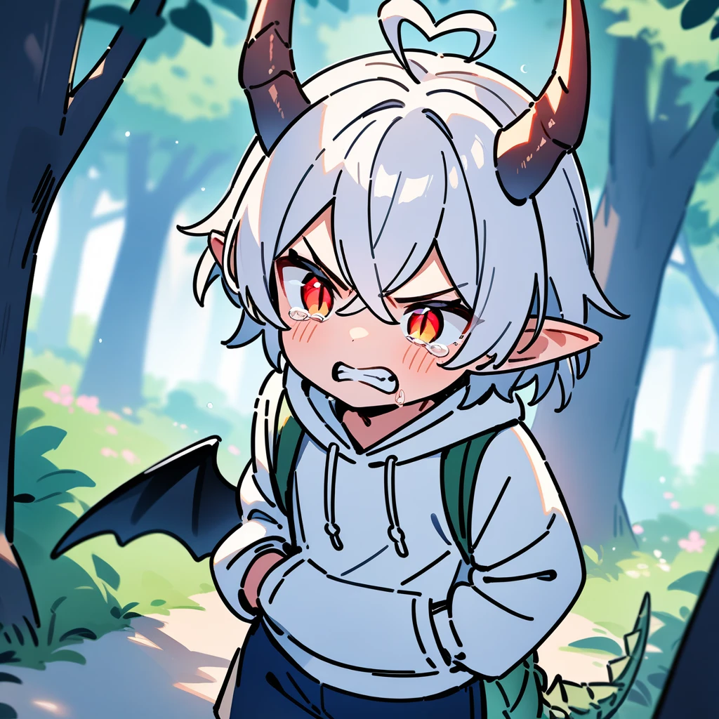 （masterpiece：1.2，high quality），8K，High resolution，A seven-year-old boy，cute boy，white hair，short hair，crossed bangs，red eyes，slit pupils，heart ahoge，Dragon Horn，Pointed ears，angry，clenched teeth，tears，Wearing a white hoodie，It has black wings on the back，Dark blue shorts，Stand in the forest，There are flowering trees on both sides.，primary school student，thigh，alone，dragon tail，（Put your hands in your pockets），（（Put your hands in your pockets））