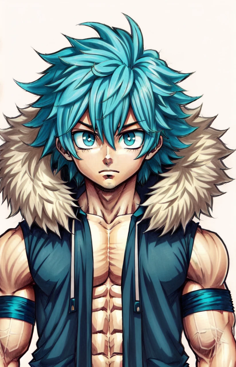((rough expression)), ((light skin)), ((young muscular male)), ((bodybuilder)) ,((cute young face)),((toned six abs)), 13 years old boy, 1boy, beautifully drawn, high resolution illustration, best quality, High definition, ((detailed anime sketch)), Masterpiece, (solo), absurdres, portrait, ((upper body)), ((close-up)), ((turquoise hair)), ((spiked hair)), detailed background, fine detail, male focus, HDR, ((short hair)), ((turquoise eyes)), ((without shirt)), ((looking for his own muscular body)), blushing, ((3d art))