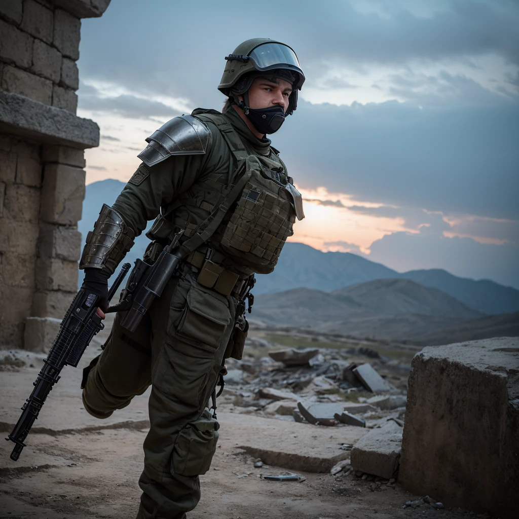 A soldier from a fantasy world with advanced firearms, wearing rugged and functional armor. The armor is a blend of medieval and modern design, with intricate engravings and a dark, metallic finish. The soldier wears a helmet with a visor or mask that completely covers the face, hiding all features from the nose up. Only the mouth and chin are visible. They are holding a futuristic-looking rifle, adorned with glowing runes and high-tech modifications. The background is a war-torn landscape with smoldering ruins and a dramatic, cloudy sky. The overall atmosphere is intense and gritty.