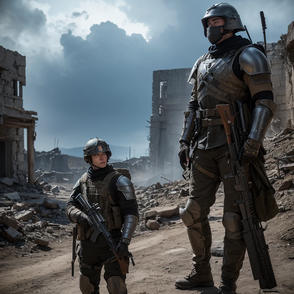 A soldier from a fantasy world with advanced firearms, wearing rugged and functional armor. The armor is a blend of medieval and modern design, with intricate engravings and a dark, metallic finish. The soldier wears a helmet with a visor or mask that completely covers the face, hiding all features from the nose up. Only the mouth and chin are visible. They are holding a futuristic-looking rifle, adorned with glowing runes and high-tech modifications. The background is a war-torn landscape with smoldering ruins and a dramatic, cloudy sky. The overall atmosphere is intense and gritty.