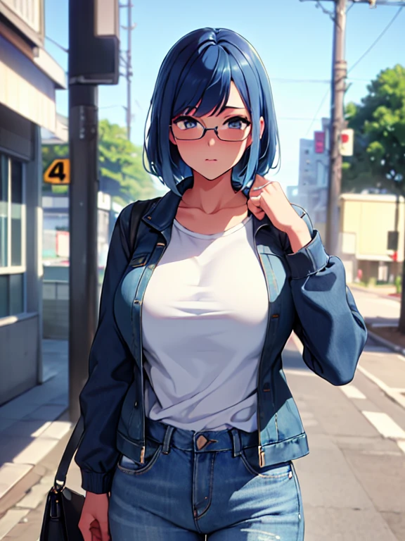 denim jacket,white pants,((masterpiece, highest quality, High resolution, Hyper HD, Pixel perfect, Depth of written boundary, 4k, RTX, HDR))), blue hair, embarrassed, huge Breasts, Perfect body,,,facing viewer,