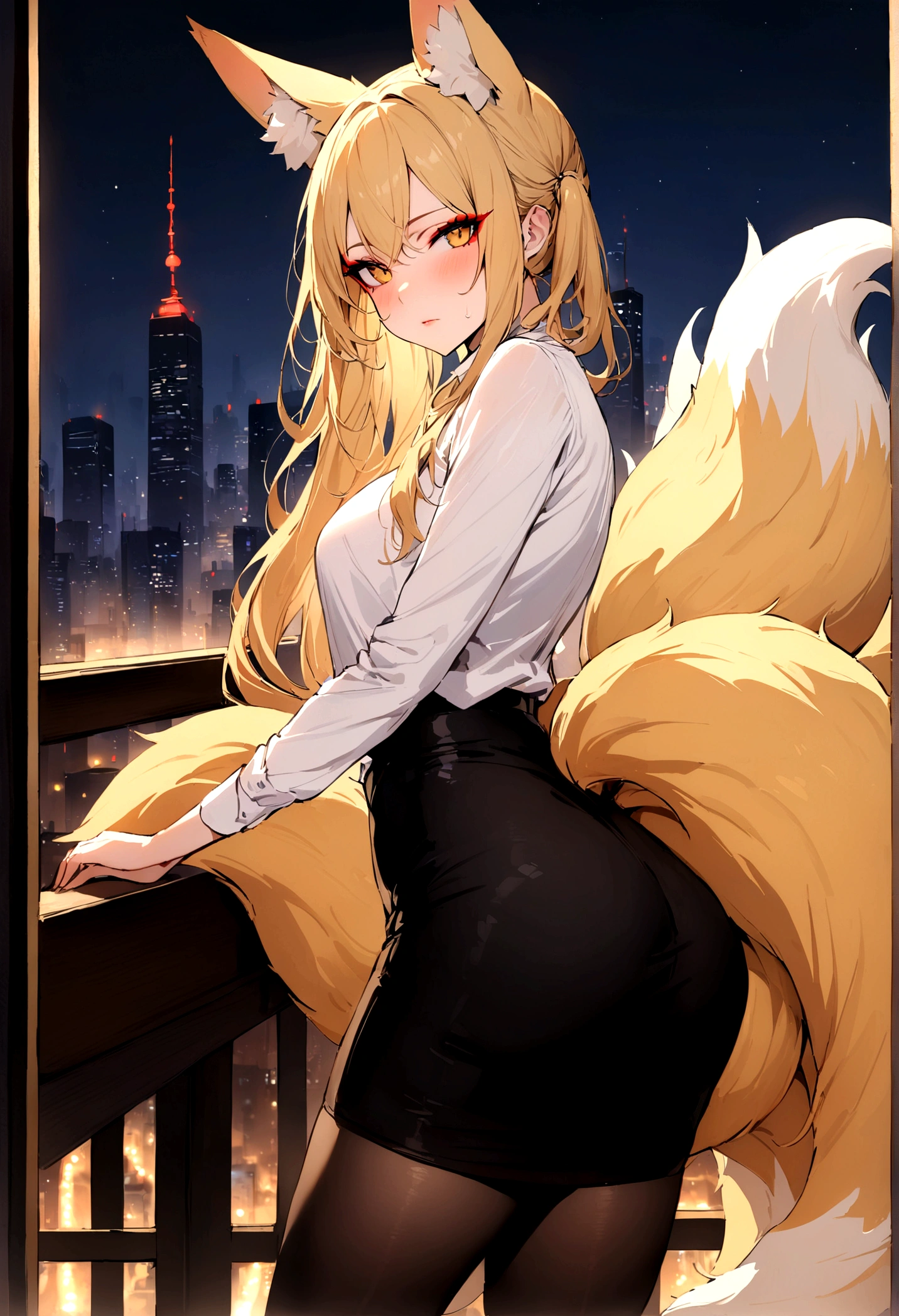 (masterpiece, best quality) detailed, Wearing black tights, blonde ,long hair, side ponytail, elegant, (fox ears),nine tailed fox tail, red eyeshadow, golden eyes, femur,漏出femur,white shirt, black pencil skirt, city background,girl,NIGHT