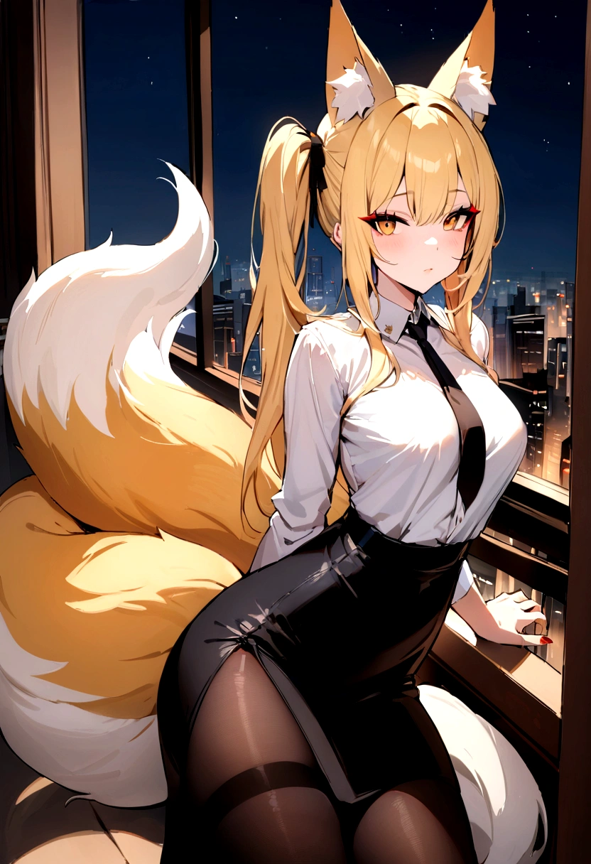 (masterpiece, best quality) detailed, Wearing black tights, blonde ,long hair, side ponytail, elegant, (fox ears),nine tailed fox tail, red eyeshadow, golden eyes, femur,漏出femur,white shirt, black pencil skirt, city background,girl,NIGHT