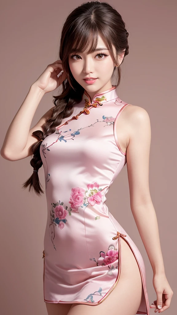 Realistic, masterpiece, Highest quality, Highest Resolution, Anatomically correct, Accurate Anatomy, One Japanese woman, Smile and show your teeth a little., Fine and beautiful eyes, Sparkling eyes, Thin eyebrows, Gives lashes a delicate finish, False eyelashes, (Chinese traditional makeup:1.2), (Braided hair, Blunt bangs, Brown Hair:1.2), Detailed face, Sharp Eyes, (Classic pink cheongsam:1.3), Thick armpits and thighs, Visible pose, Upper body photo, Blank background in warm colors