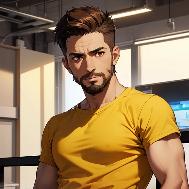 (master piece, best high quality image, very good detailed image, very good detailed character, very good detailed background, very detailed textures, carefully detailed and textures, character alone)
{{((1:character: 34 years old male terapist, (half-fair skin, brown eyes, shaven brown hair, chin brown beard, offended face), (yellow t-shirt), (terapist office))}}