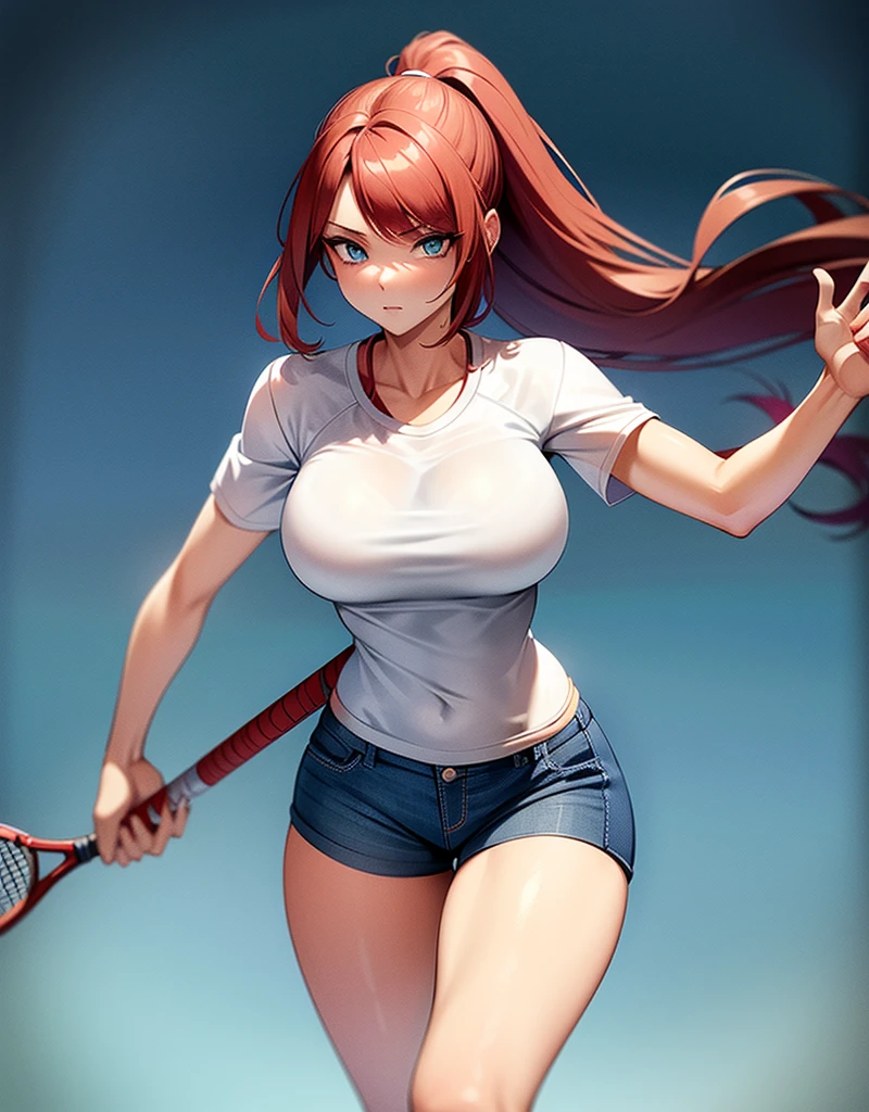 sexy young girl, good body, strong red hair, long ponytail hair, blue eyes, blue jeans, White shirt, white tennis shoes, standing