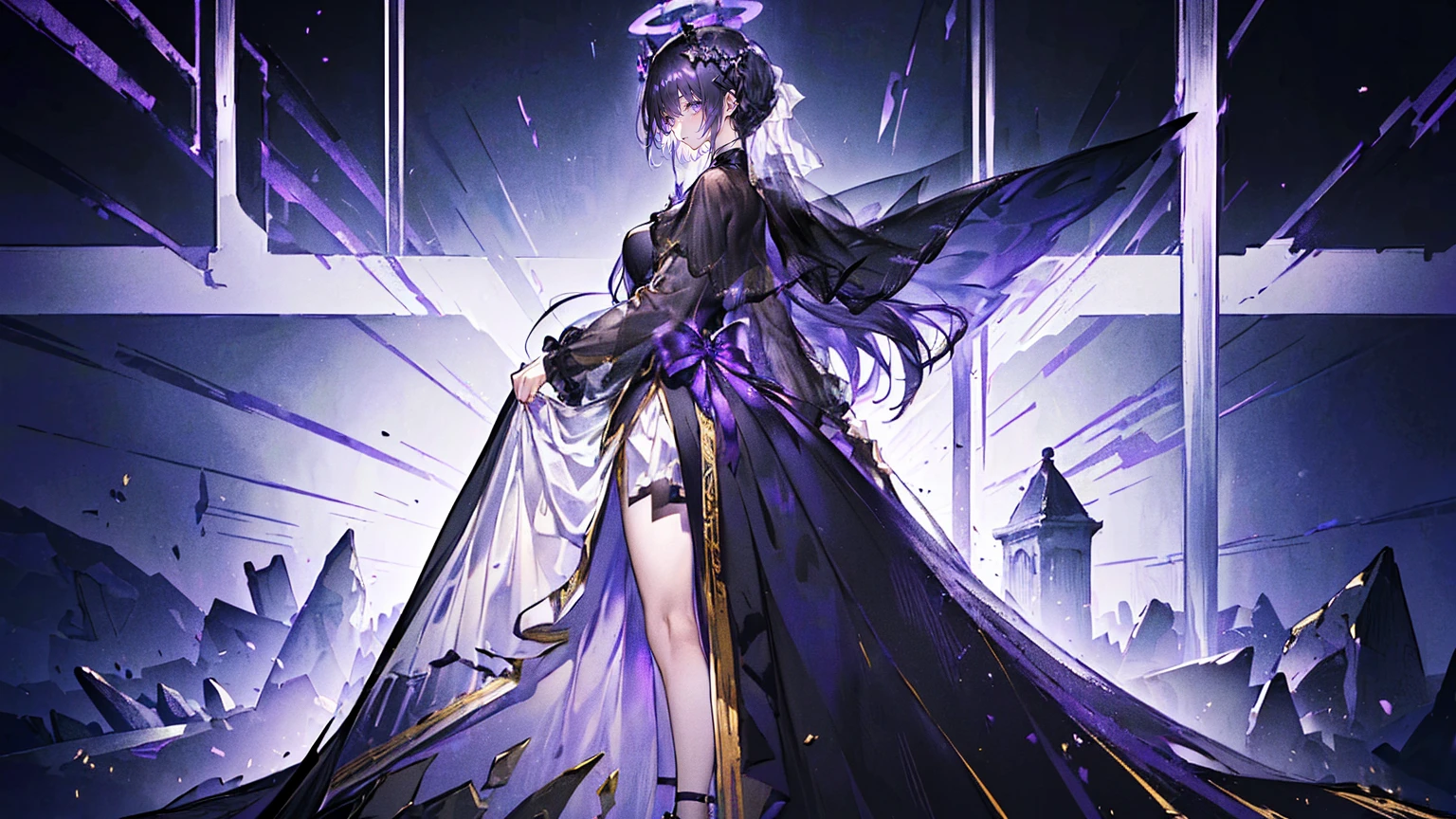 (Super detailed)),((illustration))，((masterpiece)),(((need))),((fine、Highest quality CG Unity 8K wallpapers，masterpiece），（（4K，masterpiece，best quality）），Black hair queen，Royal sister，Sexy，Tall figure，Lilac eyes，Standing upright in a coffin，Mature，Hair Bunch，Hair tied on both sides，Black and gold gauze robe，Black and purple French vintage clothing，Gorgeous pure black cape，Black veil，Purple-white halo，Black and purple high heels，Wearing a crown on the head，Holding a knight&#39;s sword，pyramid，Emitting dim purple light，Under the sea，Deep in the sea，The deep sea is filled with coffins，Mysterious symbols,individual，Full body picture