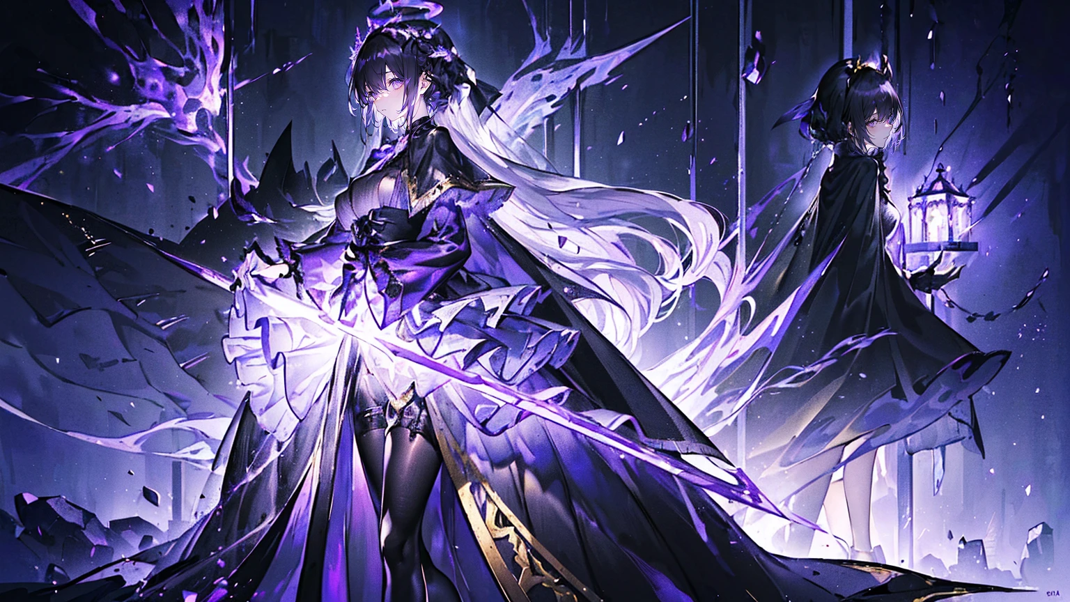 (Super detailed)),((illustration))，((masterpiece)),(((need))),((fine、Highest quality CG Unity 8K wallpapers，masterpiece），（（4K，masterpiece，best quality）），Black hair queen，Royal sister，Sexy，Tall figure，Lilac eyes，Standing upright in a coffin，Mature，Hair Bunch，Hair tied on both sides，Black and gold gauze robe，Black and purple French vintage clothing，Gorgeous pure black cape，Black veil，Purple-white halo，Black and purple high heels，Wearing a crown on the head，Holding a knight&#39;s sword，pyramid，Emitting dim purple light，Under the sea，Deep in the sea，The deep sea is filled with coffins，Mysterious symbols,individual，Full body picture