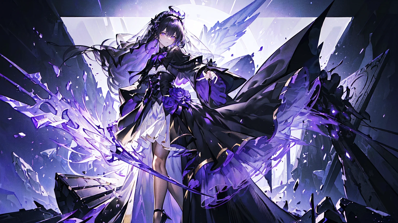 (Super detailed)),((illustration))，((masterpiece)),(((need))),((fine、Highest quality CG Unity 8K wallpapers，masterpiece），（（4K，masterpiece，best quality）），Black hair queen，Royal sister，Sexy，Tall figure，Lilac eyes，Standing upright in a coffin，Mature，Hair Bunch，Hair tied on both sides，Black and gold gauze robe，Black and purple French vintage clothing，Gorgeous pure black cape，Black veil，Purple-white halo，Black and purple high heels，Wearing a crown on the head，Holding a knight&#39;s sword，pyramid，Emitting dim purple light，Under the sea，Deep in the sea，The deep sea is filled with coffins，Mysterious symbols,individual，Full body picture