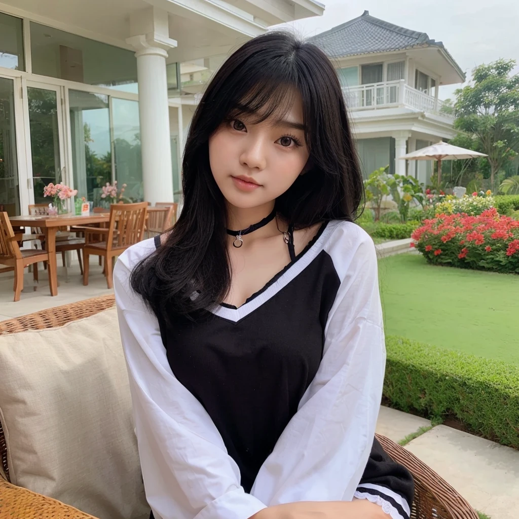 a beautiful Indonesian woman with a cute Korean face, long black hair , wear long colored baby doll clothes, There's writing (love)was sitting in front of the terrace of a luxury villa, with a faint smiling face, The background is a beautiful view, there are lots of flowers around, the picture is very clear and real, realistic 16k