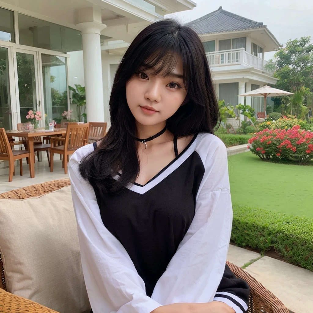 a beautiful Indonesian woman with a cute Korean face, long black hair , wear long colored baby doll clothes, There's writing (love)was sitting in front of the terrace of a luxury villa, with a faint smiling face, The background is a beautiful view, there are lots of flowers around, the picture is very clear and real, realistic 16k