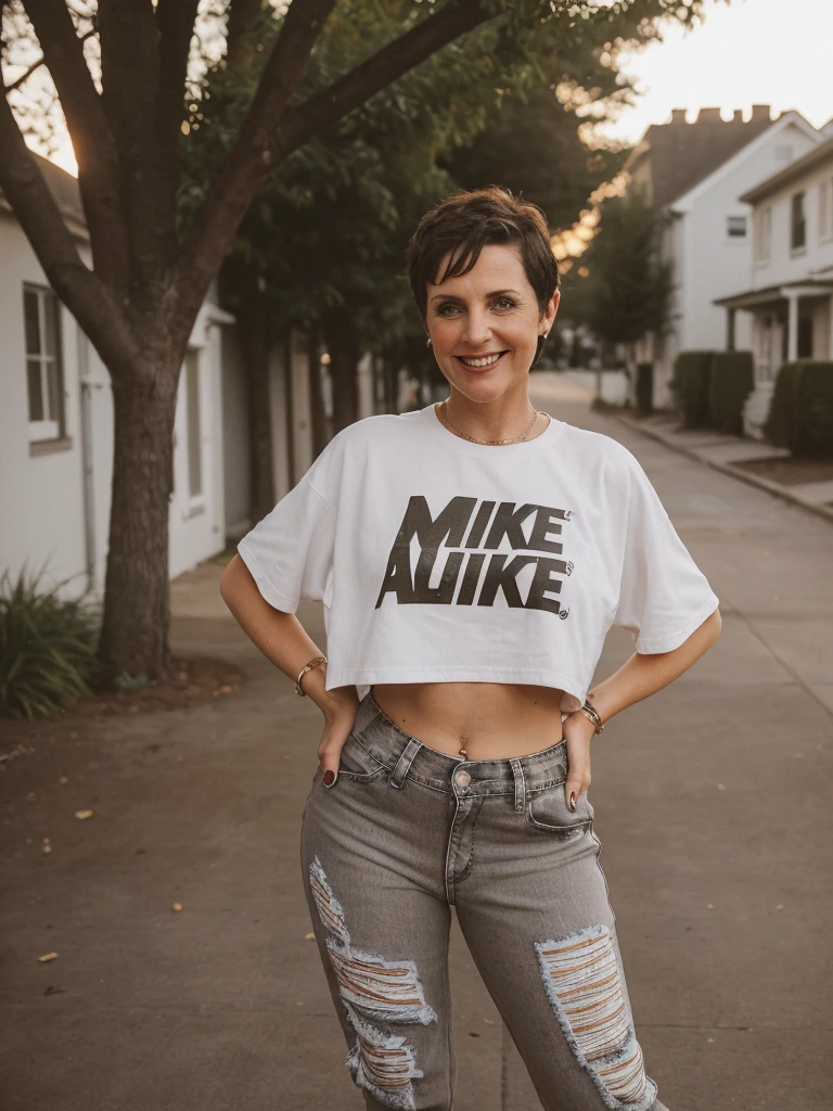 1girl, photorealistic, realistic, her name is Elise, middle age, a 45-year-old woman with gray hair, body of 45-year-old woman, wrinkles on her face and body, Alpine woman, ((dark brown hair, short hair))), smiling, (((she is seductively standing in a neighborhood like Belmont Heights during sunset is quite picturesque. The soft golden light of the setting sun would likely cast a warm glow over the tree-lined streets and the quaint houses typical of the area. It's a peaceful and beautiful moment to take in the sights and sounds of the community before night falls.))), (((dynamic pose))), (((she opts a crop top oversized graphic t-shirt with bold prints or logos. This is a staple in streetwear fashion and sets the tone for your outfit. relaxed-fit jeans or joggers. Distressed denim adds an edgy vibe, Completed with a chunky sneakers or high-top sneakers for a classic streetwear look. Brands like Nike, Adidas, or Vans are popular choices )))