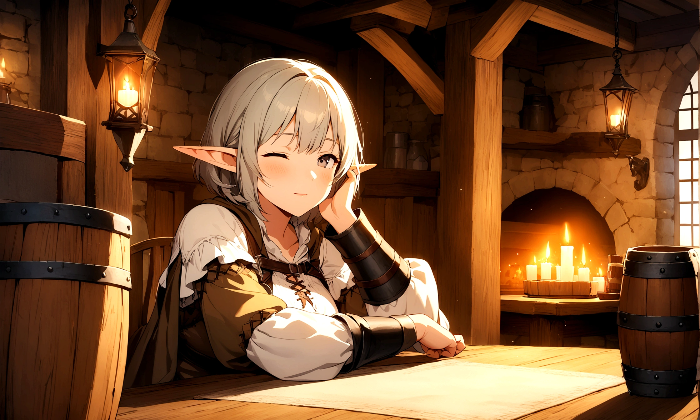 Create an ultra-high-quality anime-style image of a medieval European-inspired fantasy tavern at night. The main focus should be on a short-haired female elf adventurer, peacefully asleep at a wooden table. She is wearing detailed adventuring gear, with her weapons and equipment placed nearby. The elf’s peaceful expression and serene posture should be the centerpiece of the image. Surrounding her, the tavern's interior is softly lit by flickering candlelight, casting warm, gentle shadows. The background should include richly decorated wooden beams, rustic furniture, and medieval decor, but not distract from the main focus on the elf. The atmosphere should be tranquil, making the viewer feel relaxed and sleepy. Ensure the image is a stunning CG masterpiece with intricate details throughout, highlighting the character and the serene moment in the cozy tavern.