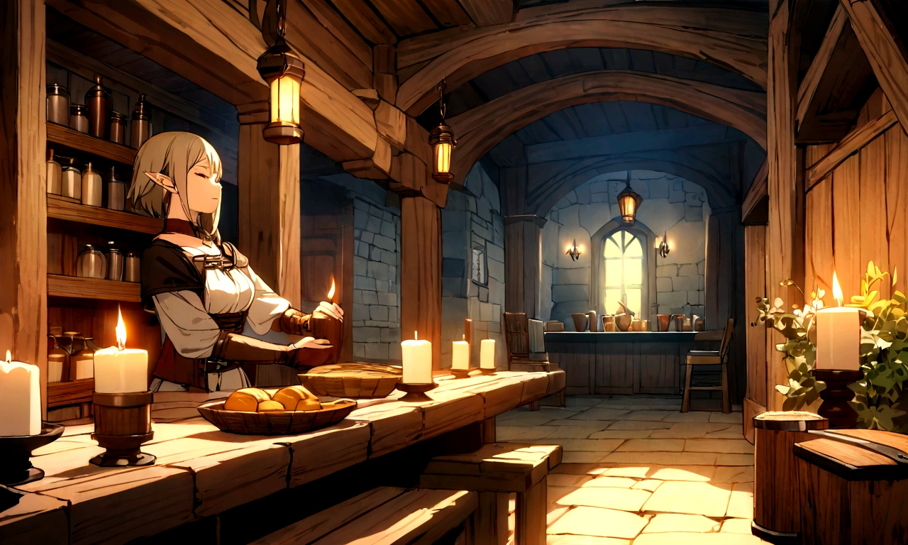 Create an ultra-high-quality anime-style image of a medieval European-inspired fantasy tavern at night. The main focus should be on a short-haired female elf adventurer, peacefully asleep at a wooden table. She is wearing detailed adventuring gear, with her weapons and equipment placed nearby. The elf’s peaceful expression and serene posture should be the centerpiece of the image. Surrounding her, the tavern's interior is softly lit by flickering candlelight, casting warm, gentle shadows. The background should include richly decorated wooden beams, rustic furniture, and medieval decor, but not distract from the main focus on the elf. The atmosphere should be tranquil, making the viewer feel relaxed and sleepy. Ensure the image is a stunning CG masterpiece with intricate details throughout, highlighting the character and the serene moment in the cozy tavern.