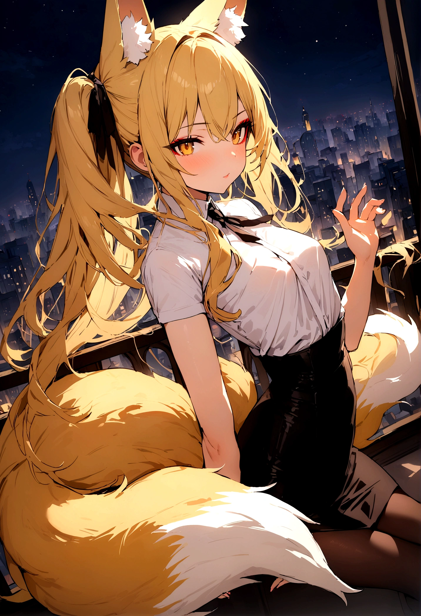 (masterpiece, best quality) detailed, small_breast,Wearing black tights, blonde,long hair, side ponytail, elegant, (fox ears),nine tailed fox tail, red eyeshadow, golden eyes, femur,漏出femur,white shirt, black pencil skirt, city background,girl,NIGHT