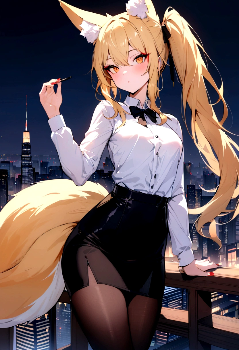 (masterpiece, best quality) detailed, small_breast,Wearing black tights, blonde,long hair, side ponytail, elegant, (fox ears),nine tailed fox tail, red eyeshadow, golden eyes, femur,漏出femur,white shirt, black pencil skirt, city background,girl,NIGHT