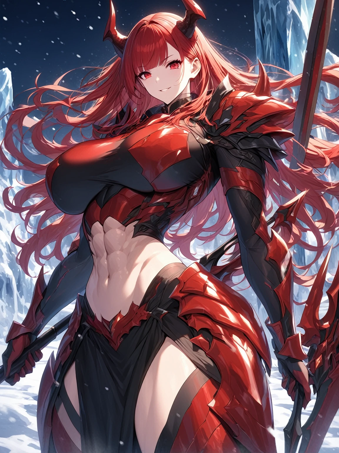 Masterpiece, very detailed, ultra detailed, one, (1 woman), athletic and embossed body, six pack abs, she is in futuristic red armor with bright black details, with a large and detailed spear, in a stable and fighting position, super mature, tall, mom, mature mother, long hair, straight hair and straight bangs, bright red hair, red demonic horns, beautiful, charming, blood red eyes, elegant, big breasts(huge), easy smile, charming, against the background of snow, ice and winter.