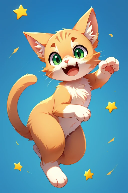 scared cat, expressive eyes but not exaggerating, pointy ears, cute button nose, soft fluffy fur, floating dynamic pose,, 8k, masterpiece, like a cartoon, toony, blue background, deep green eyes, kemono