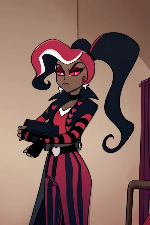 VelvetteHH, solo, black jacket, strip pants, dark skin, ponytails, fingerless gloves, girl1, room, 