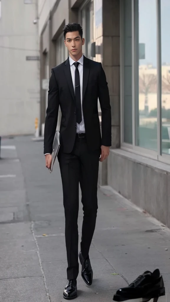 1 man, short cut, black suit, black Oxford shoes, handsome, detailed face, fit, big muscles, best quality, masterpiece 