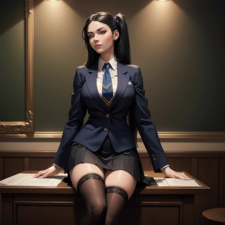 a beautiful young woman with long black hair in twin tails, beautiful detailed eyes, beautiful detailed lips, extremely detailed eyes and face, long eyelashes, wearing a blue blazer style uniform with tie and tight skirt, knee socks, standing in a anatomy club room, looking at the viewer with a sweet expression, surrounded by drawings of the human body on a blackboard, with a replica of the human bust on a table, (best quality,4k,8k,highres,masterpiece:1.2),ultra-detailed,(realistic,photorealistic,photo-realistic:1.37),HDR,UHD,studio lighting,ultra-fine painting,sharp focus,physically-based rendering,extreme detail description,professional,vivid colors,bokeh,portraits,photography,warm colors,dramatic lighting