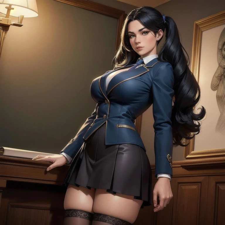 a beautiful young woman with long black hair in twin tails, beautiful detailed eyes, beautiful detailed lips, extremely detailed eyes and face, long eyelashes, wearing a blue blazer style uniform with tie and tight skirt, knee socks, standing in a anatomy club room, looking at the viewer with a sweet expression, surrounded by drawings of the human body on a blackboard, with a replica of the human bust on a table, (best quality,4k,8k,highres,masterpiece:1.2),ultra-detailed,(realistic,photorealistic,photo-realistic:1.37),HDR,UHD,studio lighting,ultra-fine painting,sharp focus,physically-based rendering,extreme detail description,professional,vivid colors,bokeh,portraits,photography,warm colors,dramatic lighting