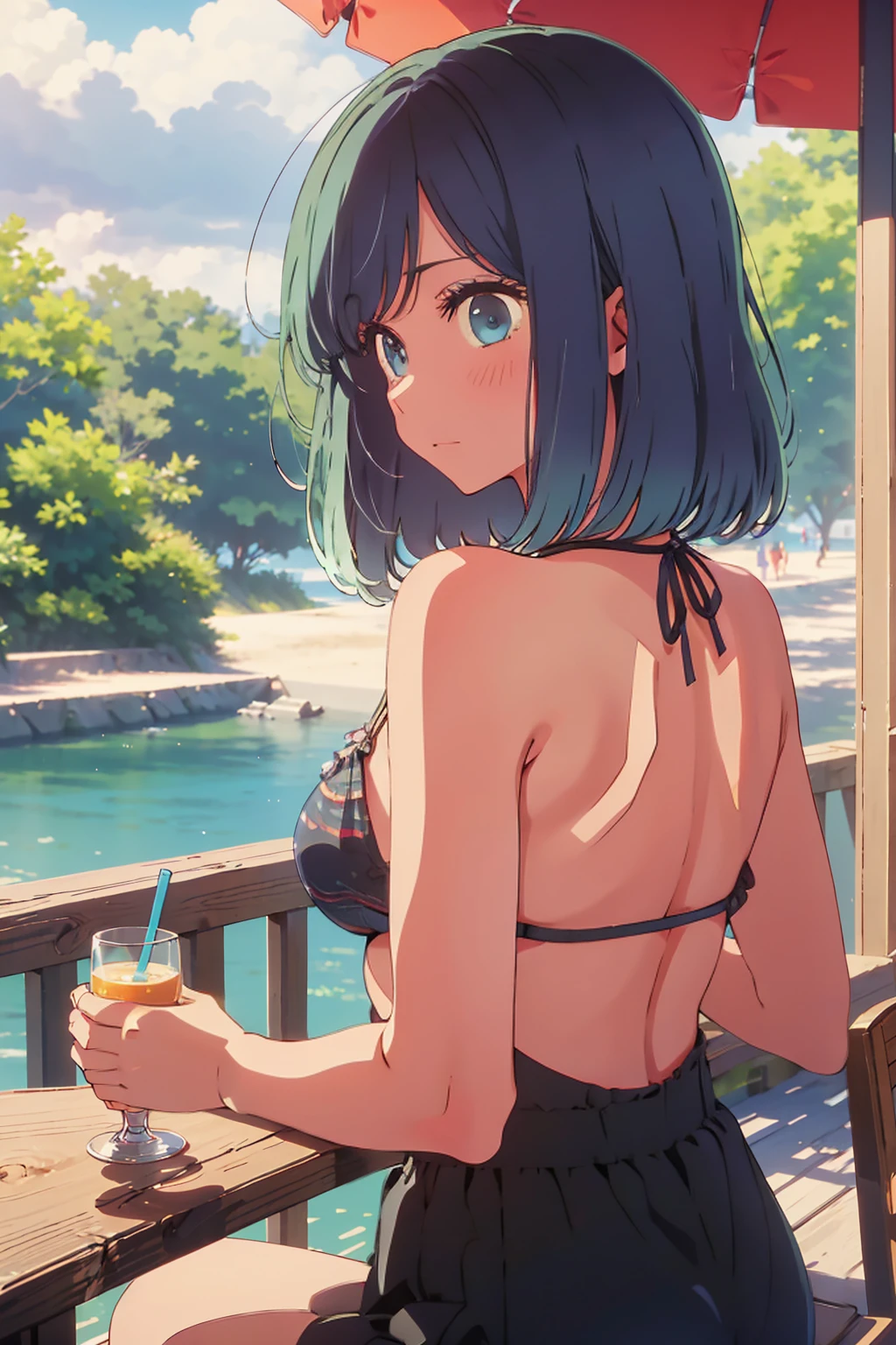 (Highest quality:1.4、masterpiece:1.4、Super detailed:1.4、8K:1.4)、((((1 person、Surprised expression、sit、Outdoor café terrace、coastal、juice、table、Sandy Beach、juiceのグラスを持つ、Micro Bikini、Very soft boobs、Big eyes、Very cute face))))、F cup bust、Medium breast、Underboob、Sideboob