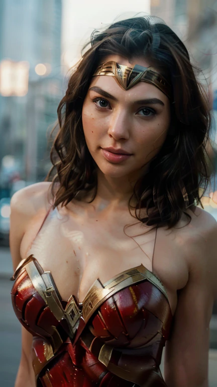 Gal Gadot is the ((Wonder Woman)) (Best Quality, 8k, Masterpiece: 1.3), Perfect Hands, Clear Focus: 1.2, Perfect Body Beauty: 1.4, Slim Abs: 1.2, Highly Detailed Face and Skin Texture, detailed eyes, standing, dynamic pose, she is in an urban city, attractive pose, highly detailed, 28 years old, innocent face, straight natural blonde hair, light blue eyes, high resolution, artwork, best quality, high and details Intricate, highly detailed, sharp focus, detailed skin, realistic skin texture, texture, detailed eyes, Professional, 4K, charming smile, shot in canon, 85mm, shallow depth of field, kodak vision color, perfect fit to the body, extremely detailed, photography_\(ultra\), photorealistic, realistic, Post-processing, maximum detail, roughness, Real life, ultra realistic, photorealism, photography, 8k hd, photography,Wonder Woman