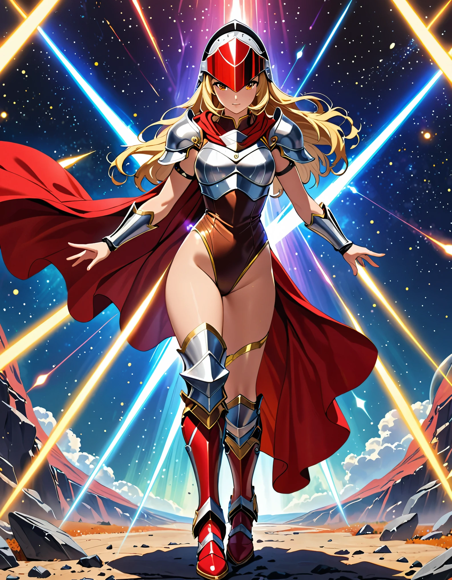 ((masterpiece)), ((best quality)), ((high res)), (dynamic villain pose), (solo, solo focus), standing, italian, (blonde hair, long hair, brown eyes), ((beautiful detailed eyes)), (a woman in a yellow and red costume and red cape), ((leotard, bare legs)), (greaves, helmet, shoulder armor, breastplate, roman helmet with futuristic visor, vambraces, red footwear, matching armored boots), (perfect hands, perfect anatomy). body covered by yellow, aura, diffraction spikes, light particles, space backdrop.