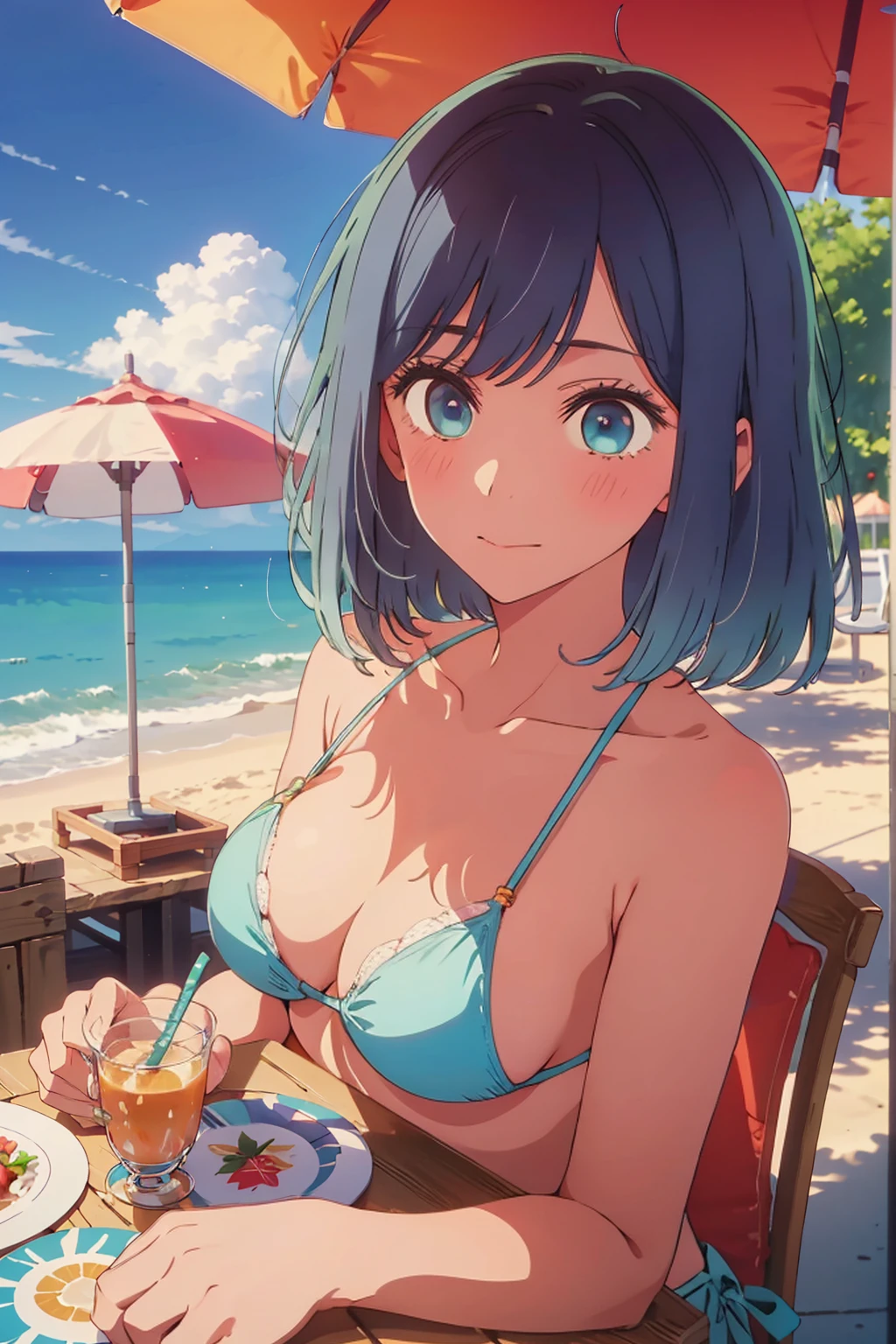 (Highest quality:1.4、masterpiece:1.4、Super detailed:1.4、8K:1.4)、((((1 person、Surprised expression、sit、Outdoor café terrace、coastal、juice、table、Sandy Beach、juiceのグラスを持つ、Plain Bikini、Very soft boobs、Big eyes、Very cute face))))、F cup bust、Medium breast