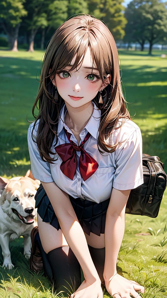 (masterpiece:1.2, top-quality), (realistic, photorealistic:1.4), beautiful illustration, (natural side lighting, movie lighting),
looking at viewer, cowboy shot, front view:0.6, 1 girl, japanese, high school girl, perfect face, cute and symmetrical face, shiny skin,
(long hair:1.8, straight hair:1.7, light brown hair), parted bangs, emerald green eyes, long eye lasher, (large breasts:0.9, thick thighs),
beautiful hair, beautiful face, beautiful detailed eyes, beautiful clavicle, beautiful body, beautiful chest, beautiful thigh, beautiful legs, beautiful fingers,
((, white collared shirts, black pleated mini skirt, black socks, brown loafers, red bow tie)), break, hoop ring earrings, pink panties, dark blue school bag, violet cardigan, break,
(beautiful scenery), evening, riverside, walking, hands on chest, (lovely smile, upper eyes), A masterpiece, top quality, highest definition, 32K, one big dog, one beautiful woman. Platinum blonde, straight hair in one length. Slit eyes, green eyes, model like, beautiful,
shirt, mini tight skirt. On all fours in a grassy field, a dog hugs the woman's back.
Woman's face, bright red, flushed,One large dog on all fours, a girl, on all fours in a grassy meadow, the dog is holding the woman from behind, close to her waist, and mating with her.
In the grass of a meadow, a girl is on all fours. A large dog hugs her back from behind.
Her face, bright red, high, both eyes closed, mouth open, whimpering.
The skirt, so short that it's almost impossible to see.
