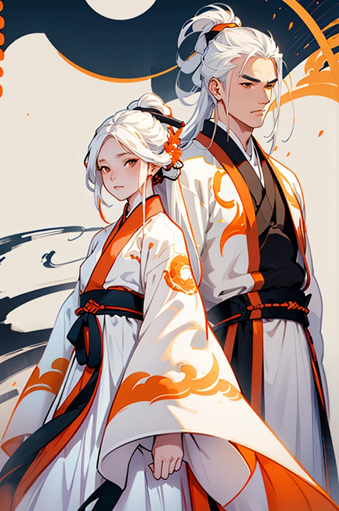 high quality , one white hair girl and one white hair boy, long hair, wuxia character, ((white clothes with blue and orange accent)), ink painting background, flat background, minimalist background, chinese wind pattern background,