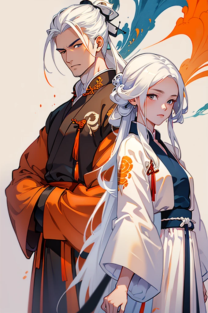 high quality , one white hair girl and one white hair boy, long hair, wuxia character, ((white clothes with blue and orange accent)), ink painting background, flat background, minimalist background, chinese wind pattern background,