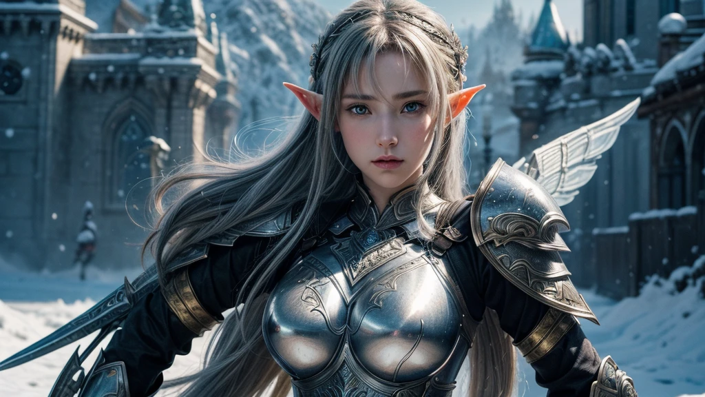 Close-up of woman holding sword and armor, Armor Girl, 2. 5D CGI anime fantasy artwork, Large Breasts，Epic fantasy digital art style, detailed Digital 2D fantasy art, Digital 2D fantasy art, original photo, (best quality:1.3), high resolution, (masterpiece), (lifelike:1.4), Professional photography, Clear focus, High Dynamic Range, 8k resolution, Intricate details, Fine details, Depth of Field, Extremely detailed CG unified 8k wallpaper, masterpiece，poster，best quality，Official Art，（Beauty and aesthetics：1.2），（masterpiece：1.3），Female Elf，individual，Light Leather Armor，complex pattern，snow，castle，Medium distance photography，（early morning），dramatic，Glowing Wings，