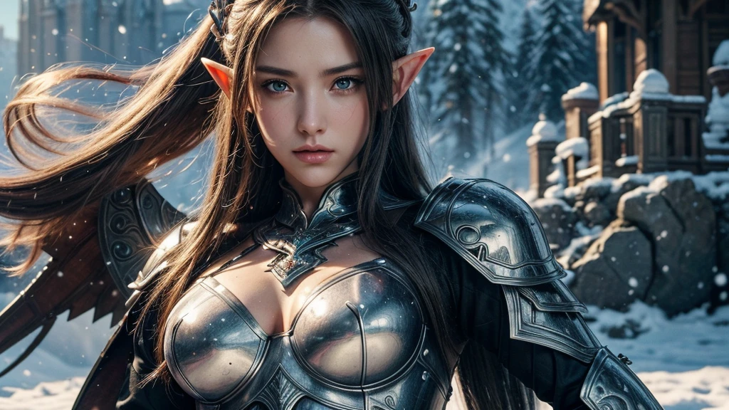 Close-up of woman holding sword and armor, Armor Girl, 2. 5D CGI anime fantasy artwork, Large Breasts，Epic fantasy digital art style, detailed Digital 2D fantasy art, Digital 2D fantasy art, original photo, (best quality:1.3), high resolution, (masterpiece), (lifelike:1.4), Professional photography, Clear focus, High Dynamic Range, 8k resolution, Intricate details, Fine details, Depth of Field, Extremely detailed CG unified 8k wallpaper, masterpiece，poster，best quality，Official Art，（Beauty and aesthetics：1.2），（masterpiece：1.3），Female Elf，individual，Light Leather Armor，complex pattern，snow，castle，Medium distance photography，（early morning），dramatic，Glowing Wings，