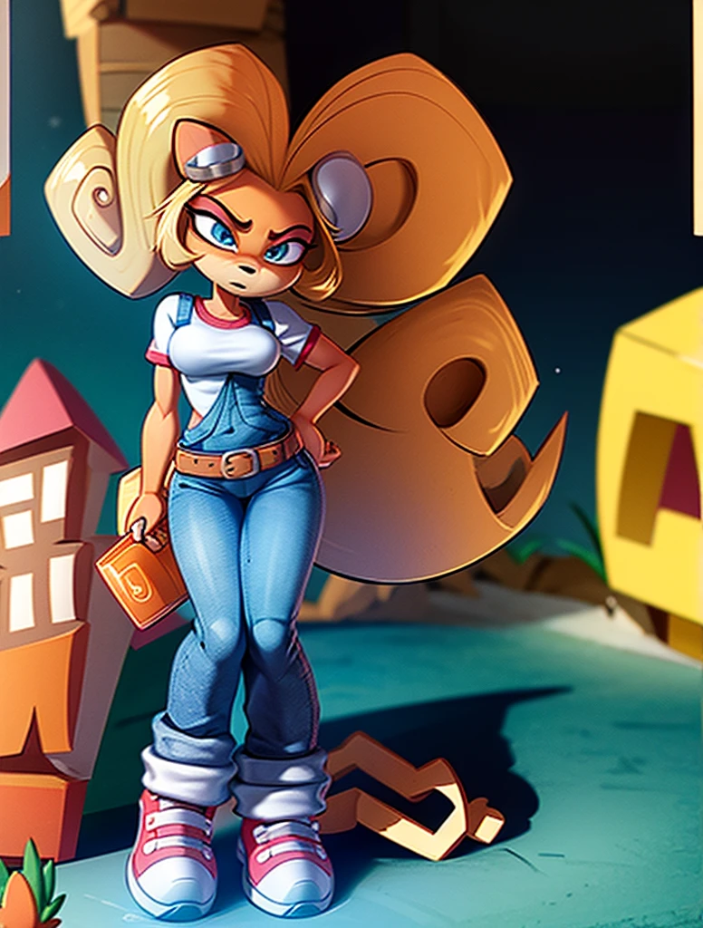 Chica bandicoot, sexy young girl, good body, strong red hair, long ponytail hair, blue eyes, blue jeans, White shirt, white tennis shoes, standing