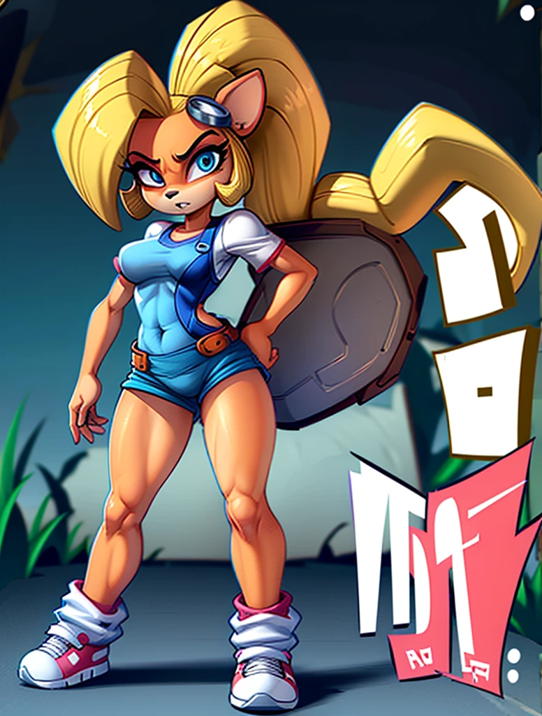 Chica bandicoot, sexy young girl, good body, strong red hair, long ponytail hair, blue eyes, blue jeans, White shirt, white tennis shoes, standing