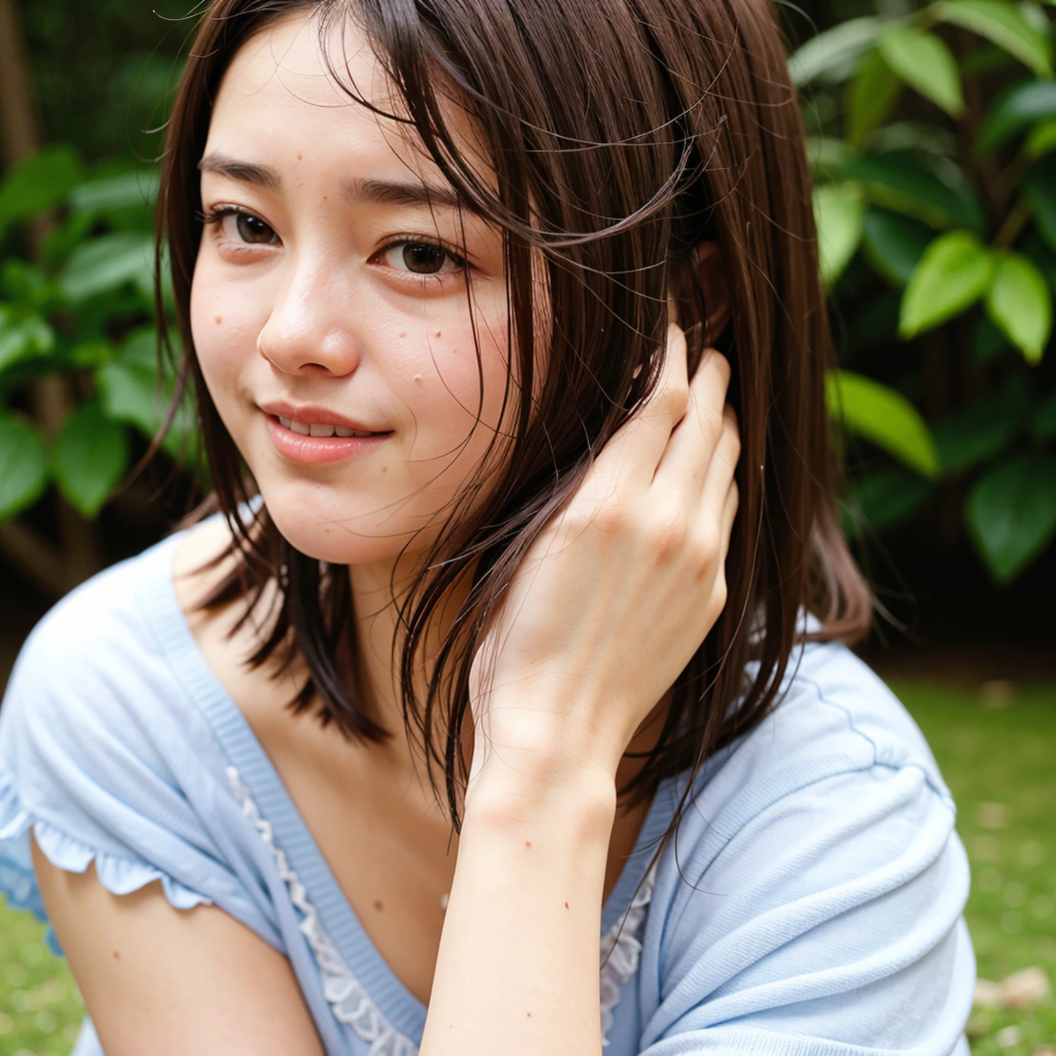 4k, Top quality, 1 beautiful woman, super short Hair, at park, rain, shy smile