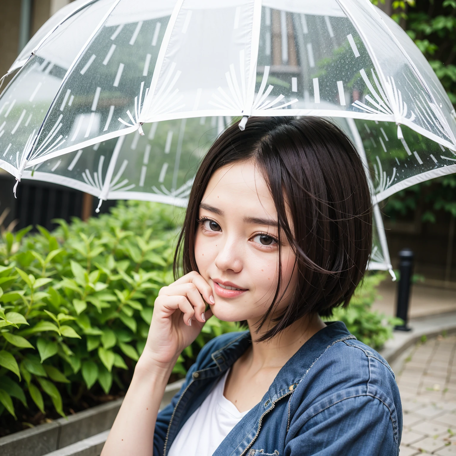 4k, Top quality, 1 beautiful woman, super short Hair, at park, rain, shy smile